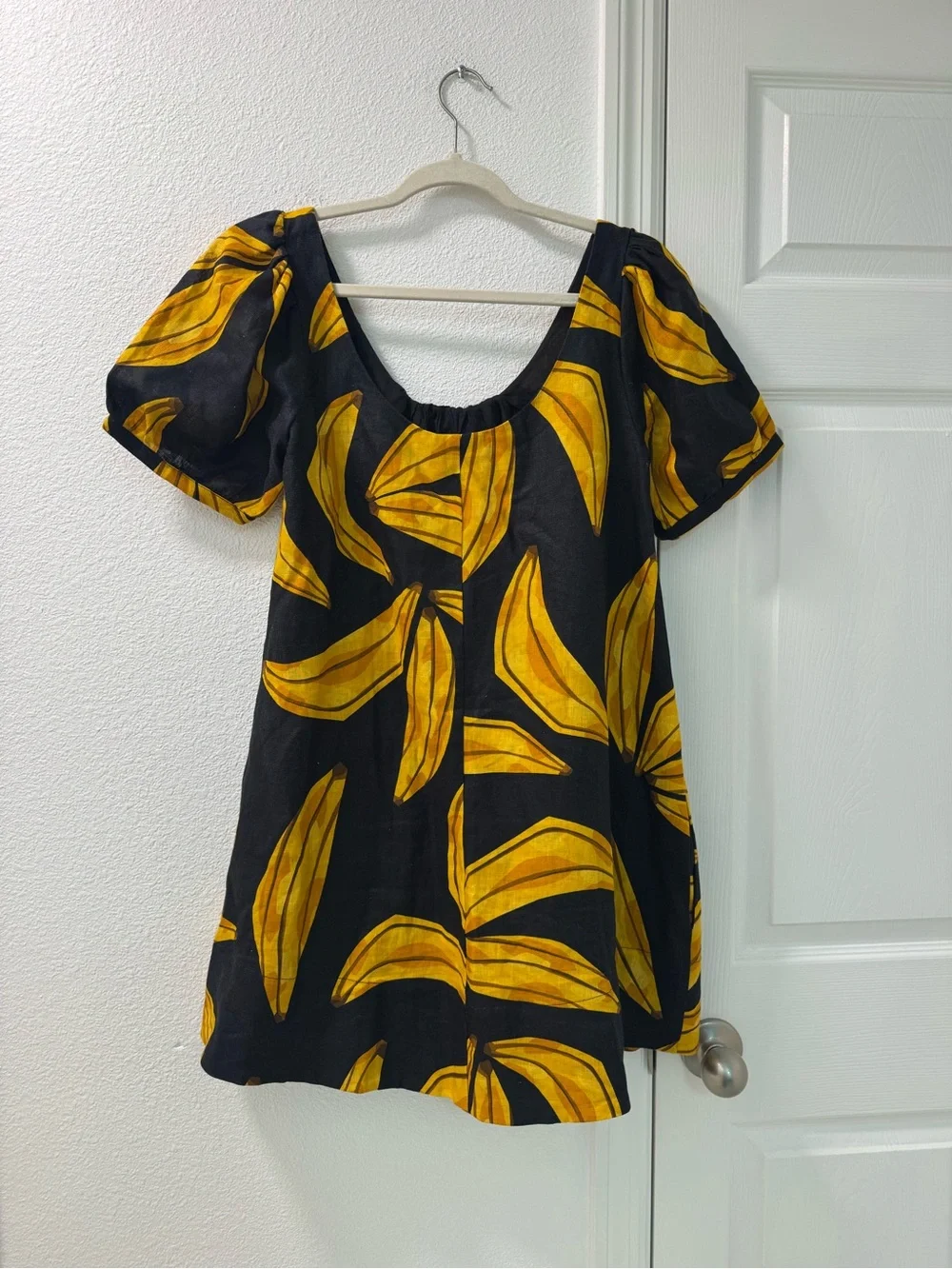 Farm Rio Ripe Bananas Linen Mini Dress puff sleeves size small yellow black - Picture 3 of 5